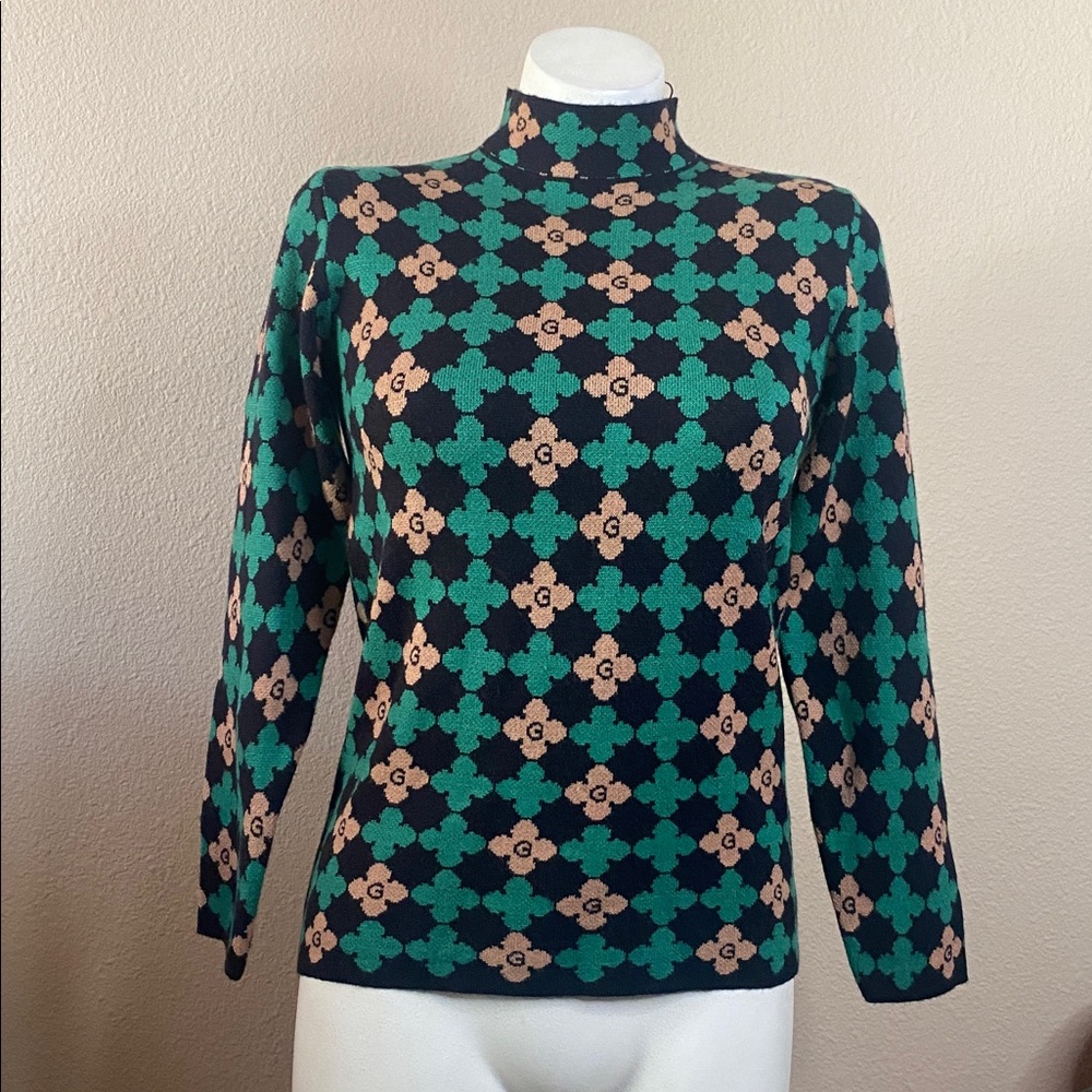 G interlock GG print green/cream/black knit mock turtleneck top sweater - Picture 2 of 7